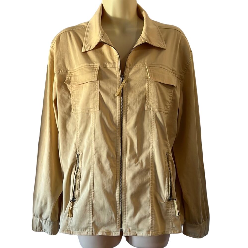 Chico’s 2 Light Yellow Zip Front Jacket Woman Size 12 Utility Long Sleeve Pocket